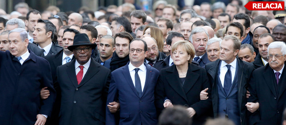 Wielki marsz idzie ulicami Paryża. Obok siebie Hollande, Merkel, Tusk, Cameron, Renzi